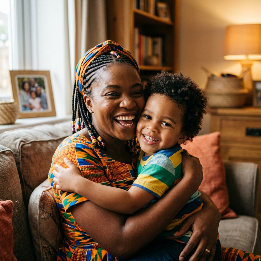 African mother and child hugging